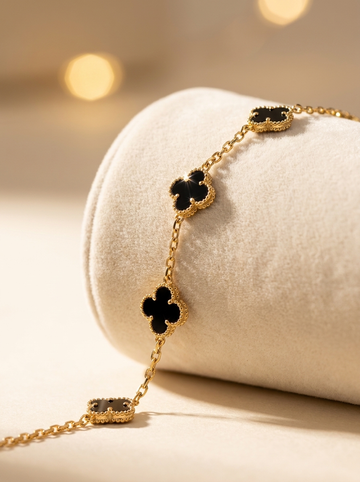 Black Onyx Four-Leaf Clover Motif Bracelet